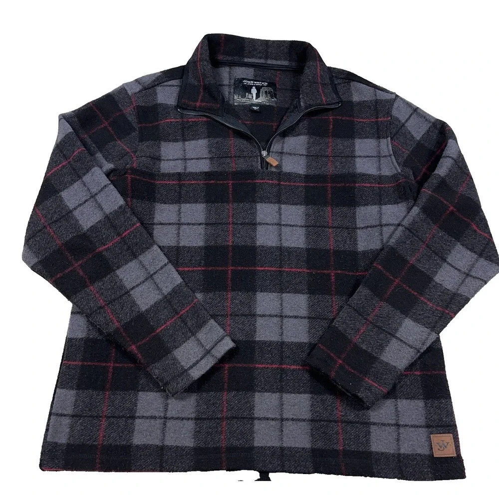John‎ Wayne Sweater Men Large Black Gray Plaid Pullover Quarter Zip Sweatshirt